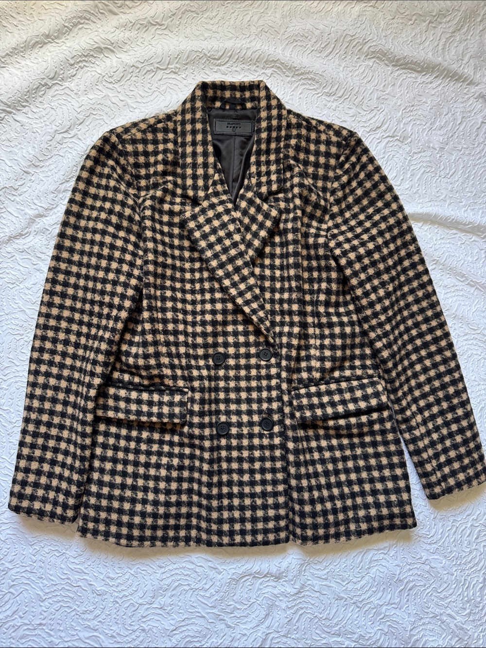 Blank NYC Black and Tan Check Wool Blend Double-Breasted Blazer
